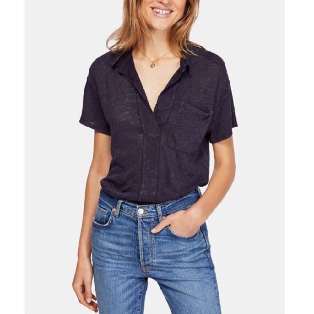 Free People | Women's Eggplant/Grey We The Free Linen Blend The Posh Polo Sz XS